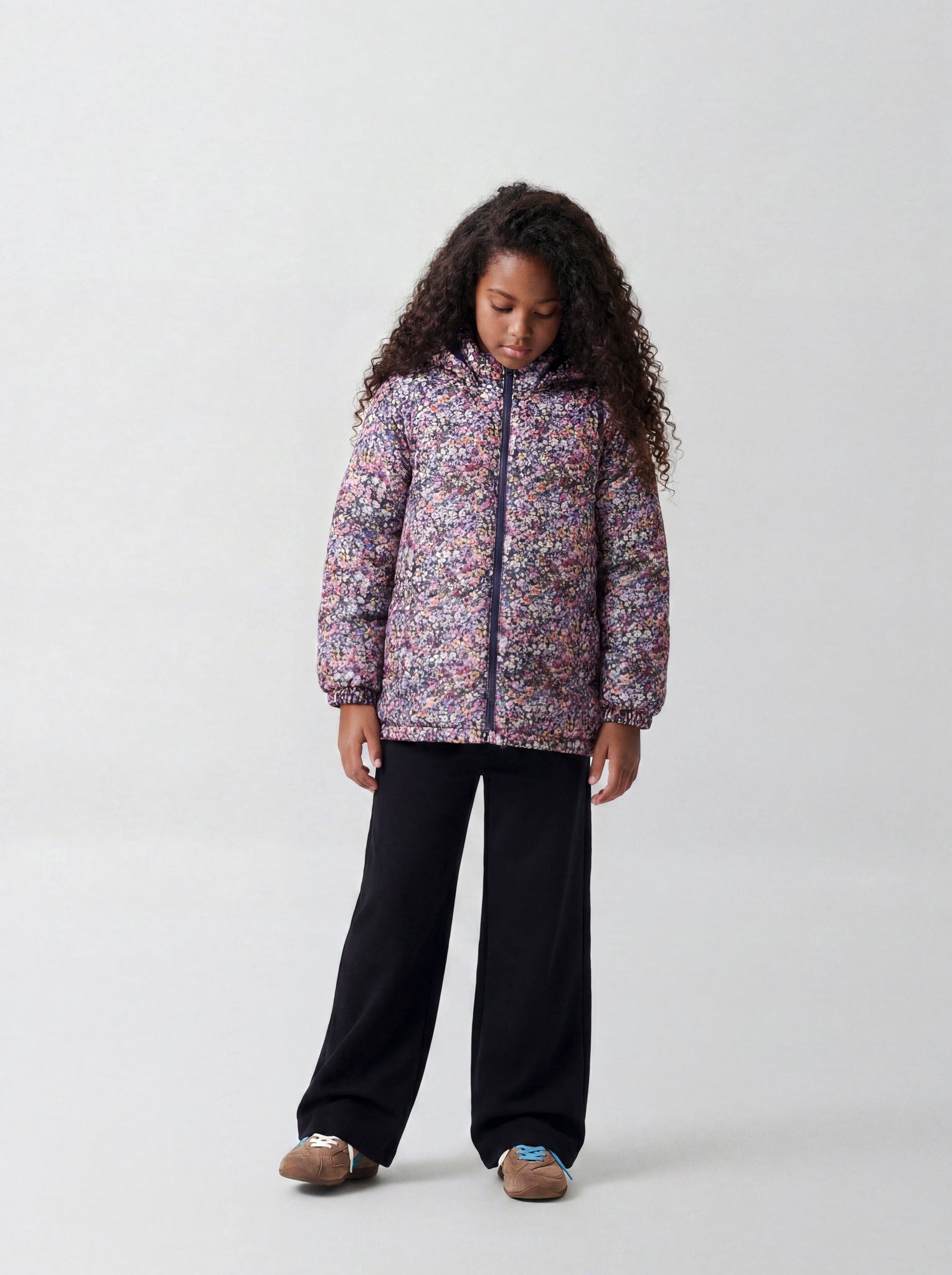 NAME IT girls' Maxi floral padded jacket in Naval Academy full-length model view