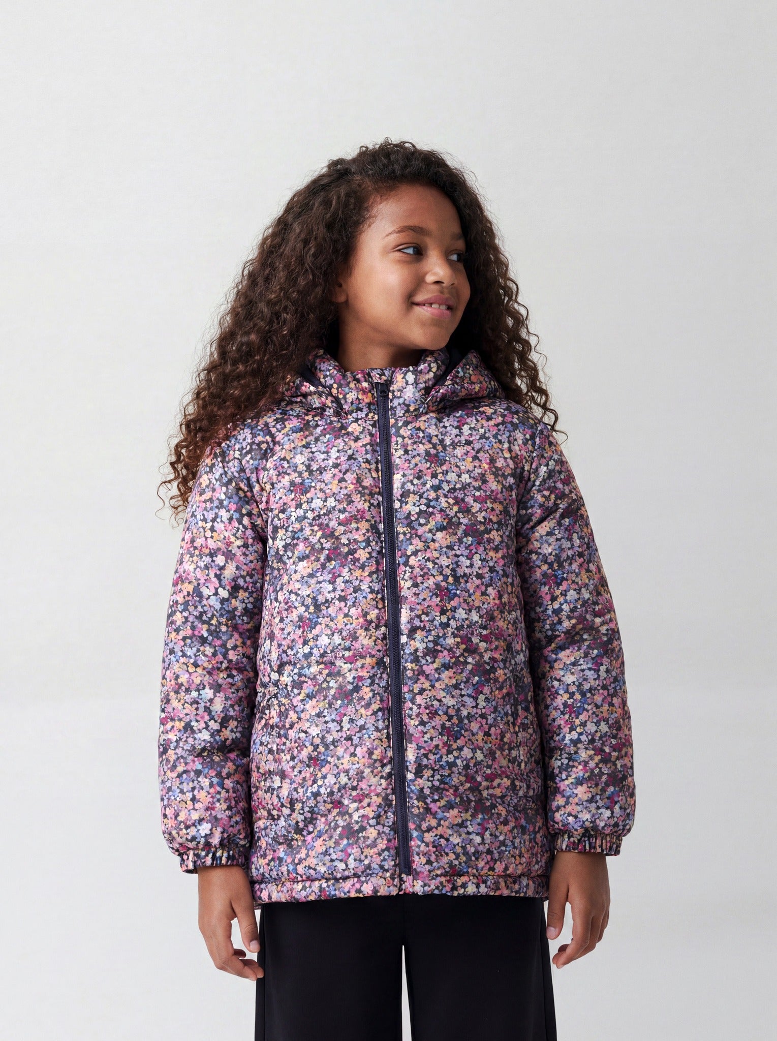 NAME IT girls' Maxi floral padded jacket in Naval Academy front model view