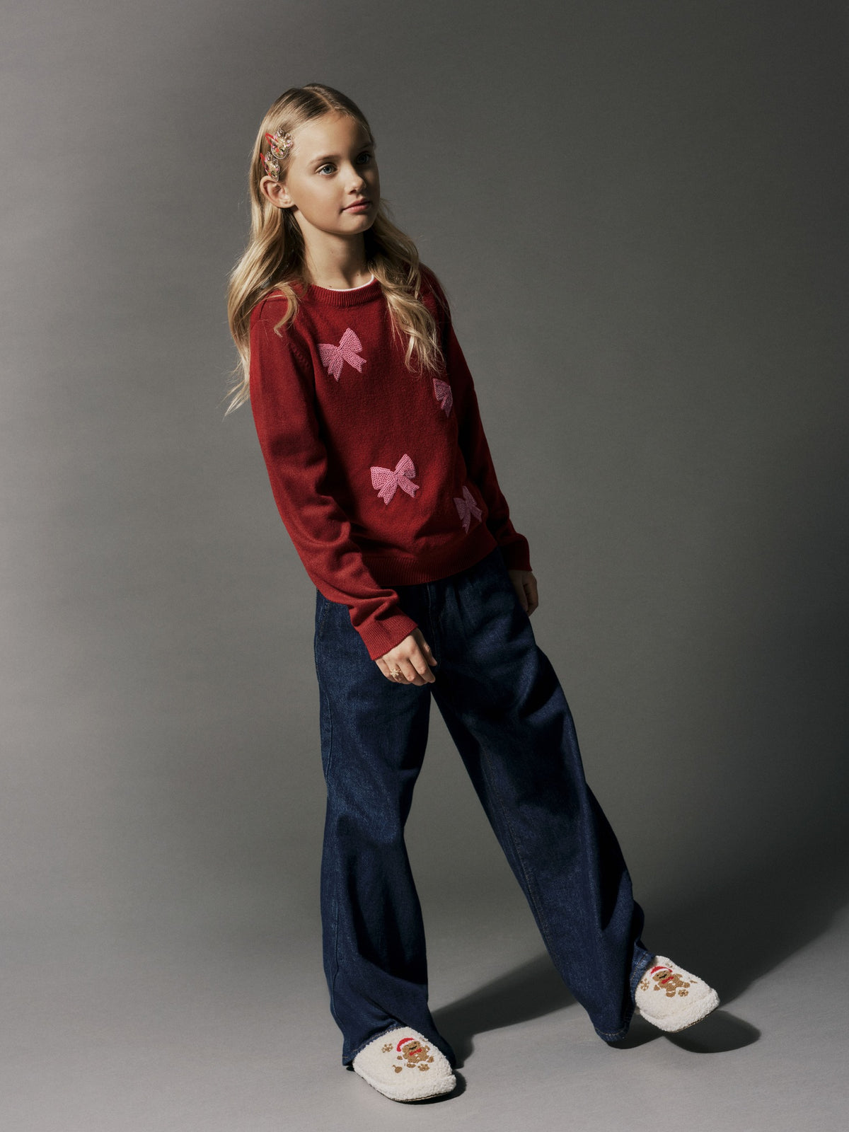 NAME IT Ralle Long Sleeve Knit in Red Dahlia bow intarsia pattern