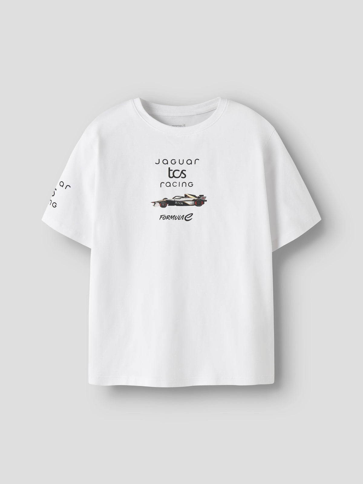 Front view of the Bright White NAME IT Alp Formula E racing T-shirt with Jaguar TCS Racing chest print
