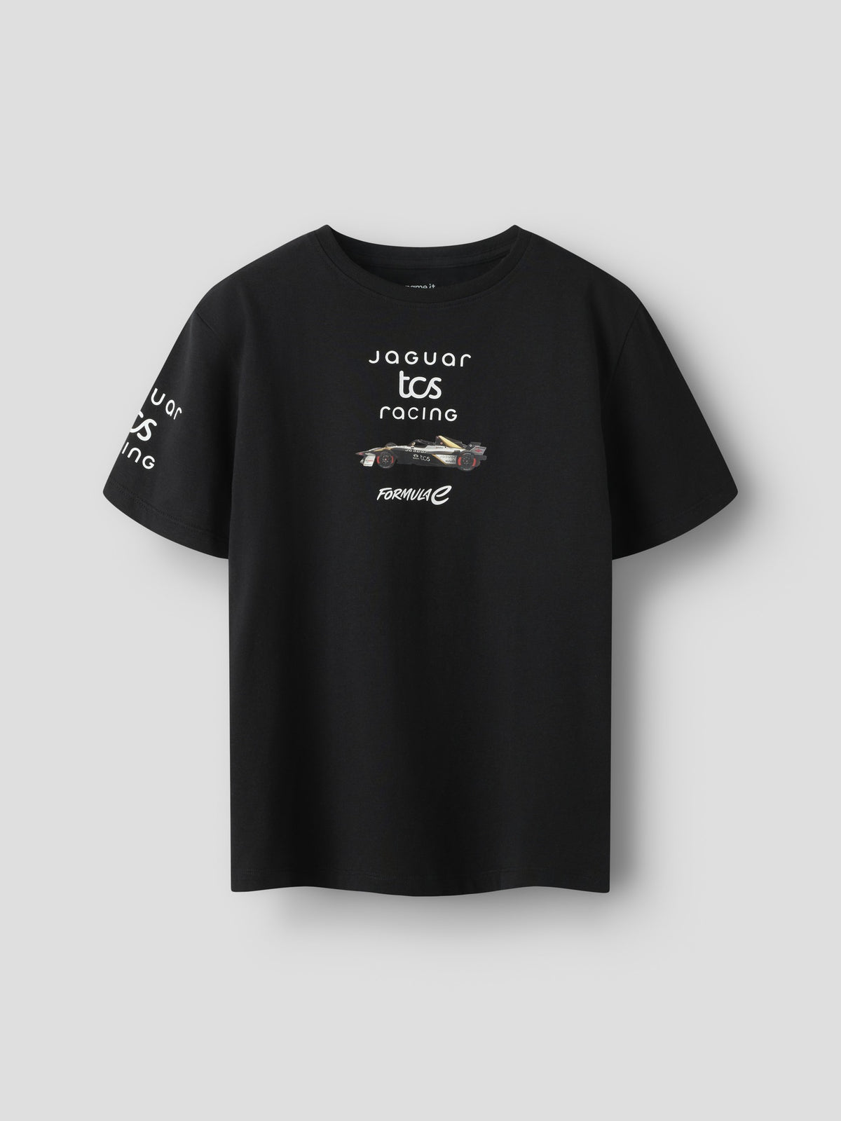 Front view of the black NAME IT Alp Formula E racing T-shirt with Jaguar TCS Racing chest and sleeve prints