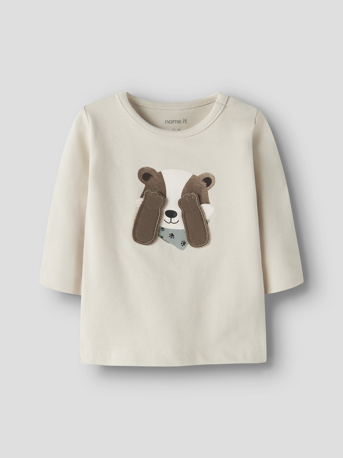 NAME IT Racer Baby Boys’ Long Sleeve Animal Print Top in Birch, front view on a grey background