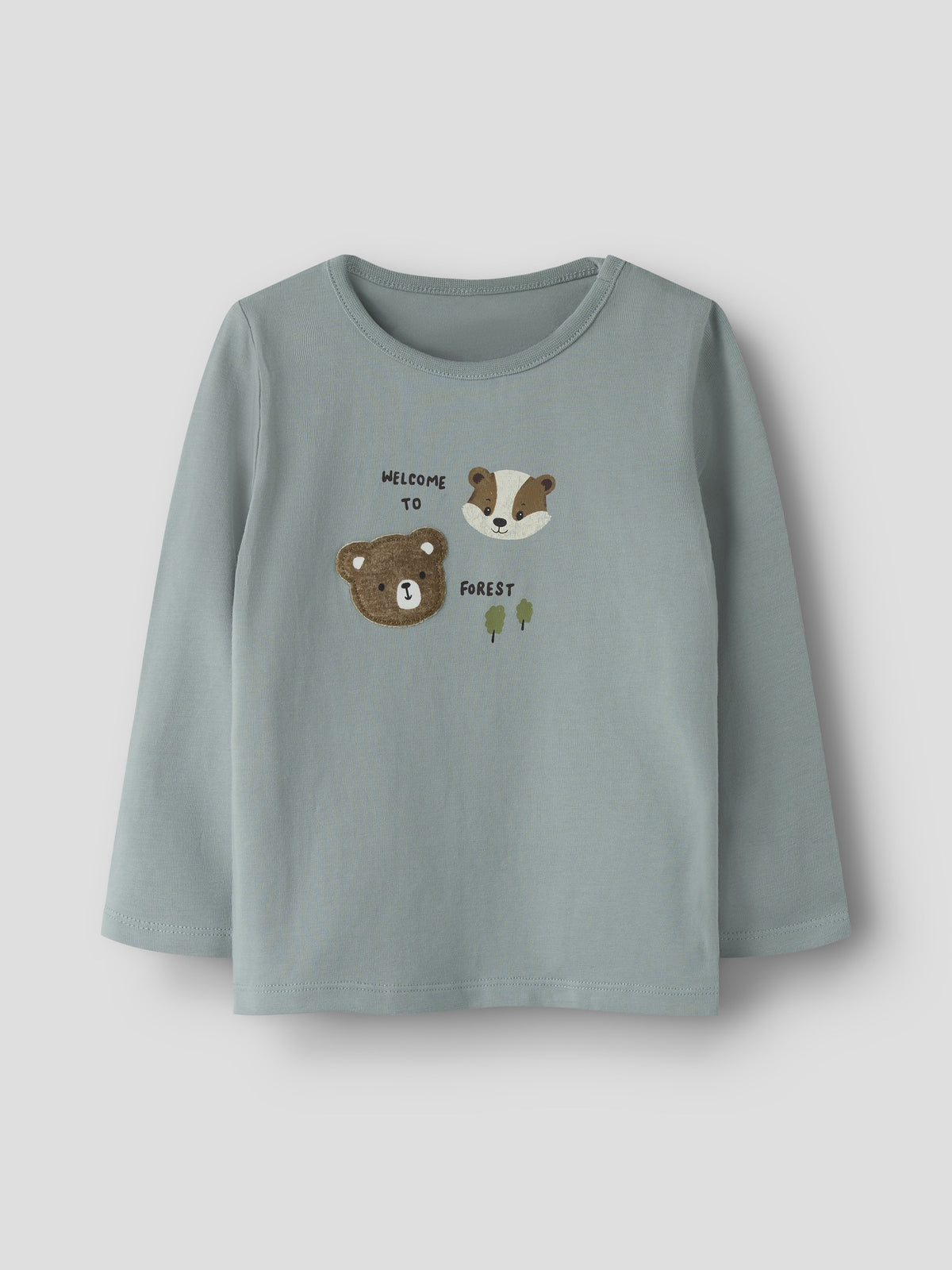 NAME IT Racer Baby Boys’ Long Sleeve Animal Print Top in Abyss, front view on a grey background