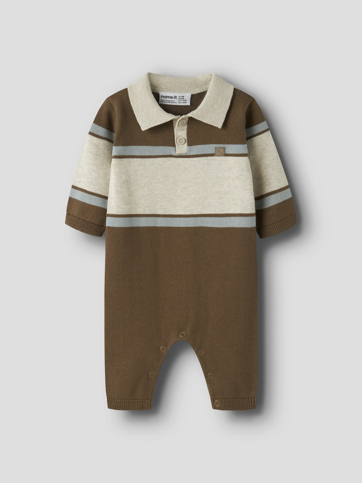 NAME IT Ral Baby Boys’ Knitted Polo Jumpsuit in Sepia, front view on a grey background
