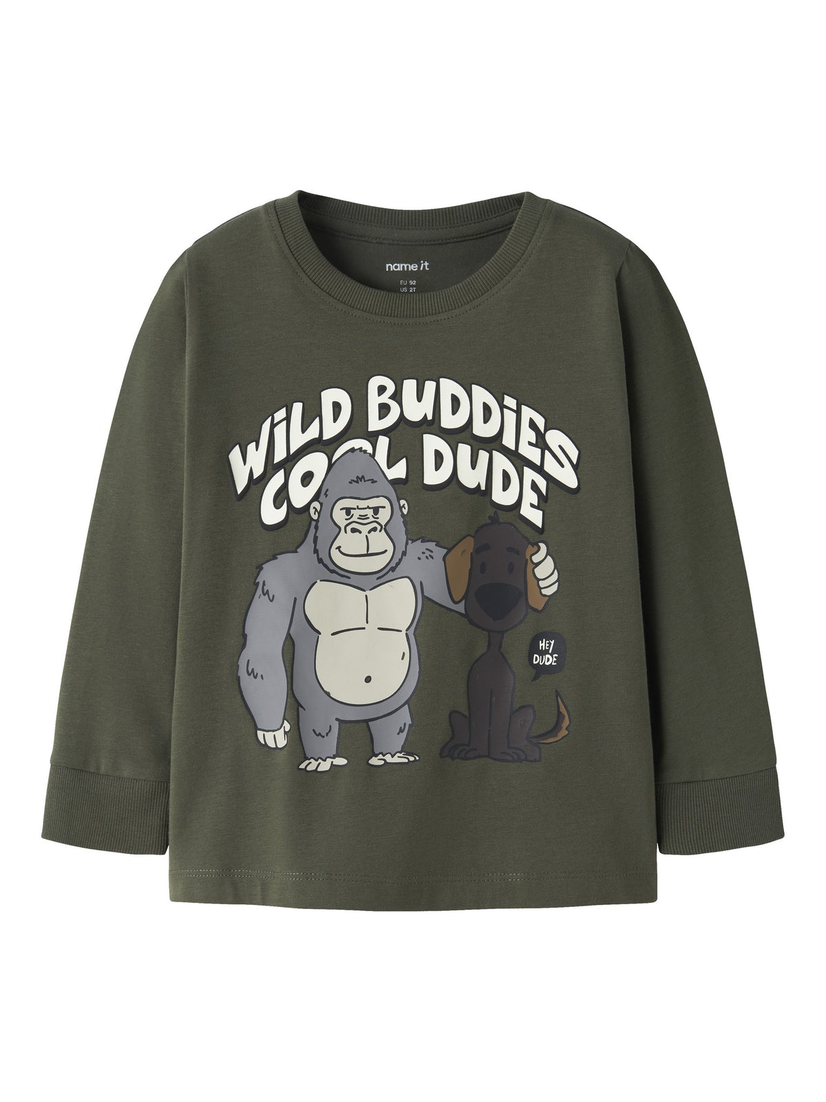 Front view of NAME IT Rafo long sleeve top in Olive Night with animal graphics