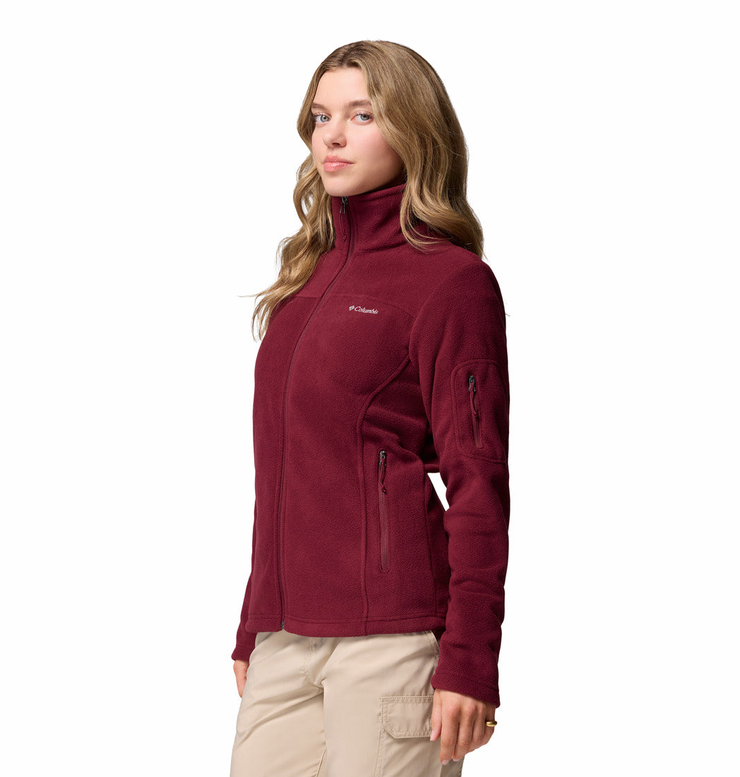 Woman wearing a maroon fleece jacket with a brand logo on a white background