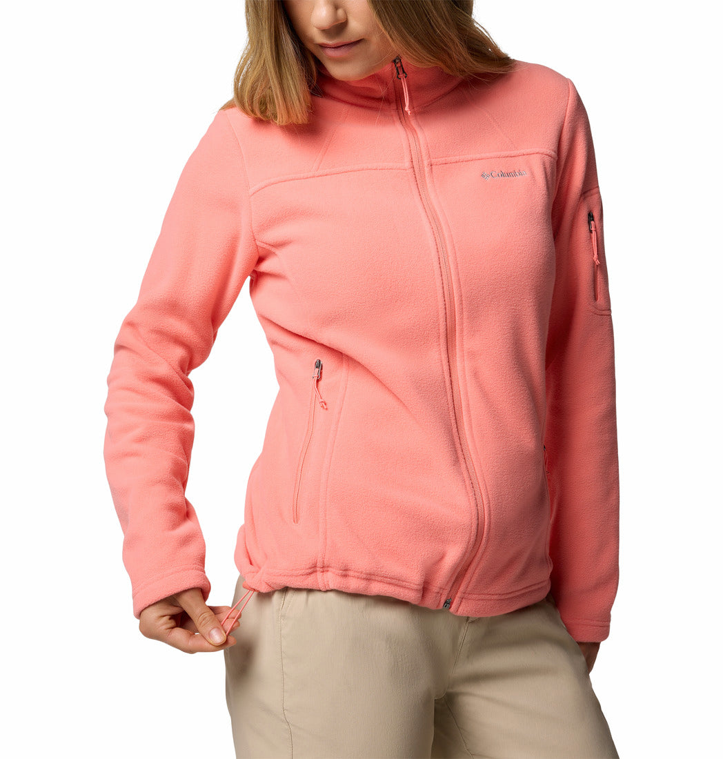 Person wearing a pink fleece jacket on a white background