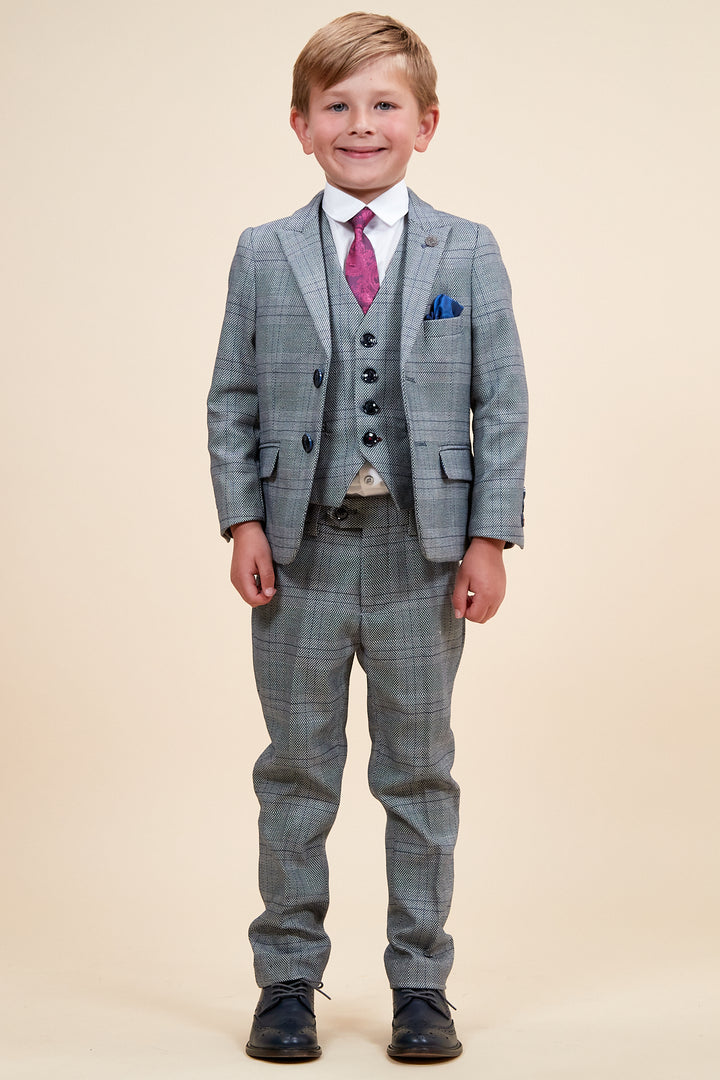 Marc Darcy Boyswear Jerry Boys Grey Check 3 Piece Suit Grey front view