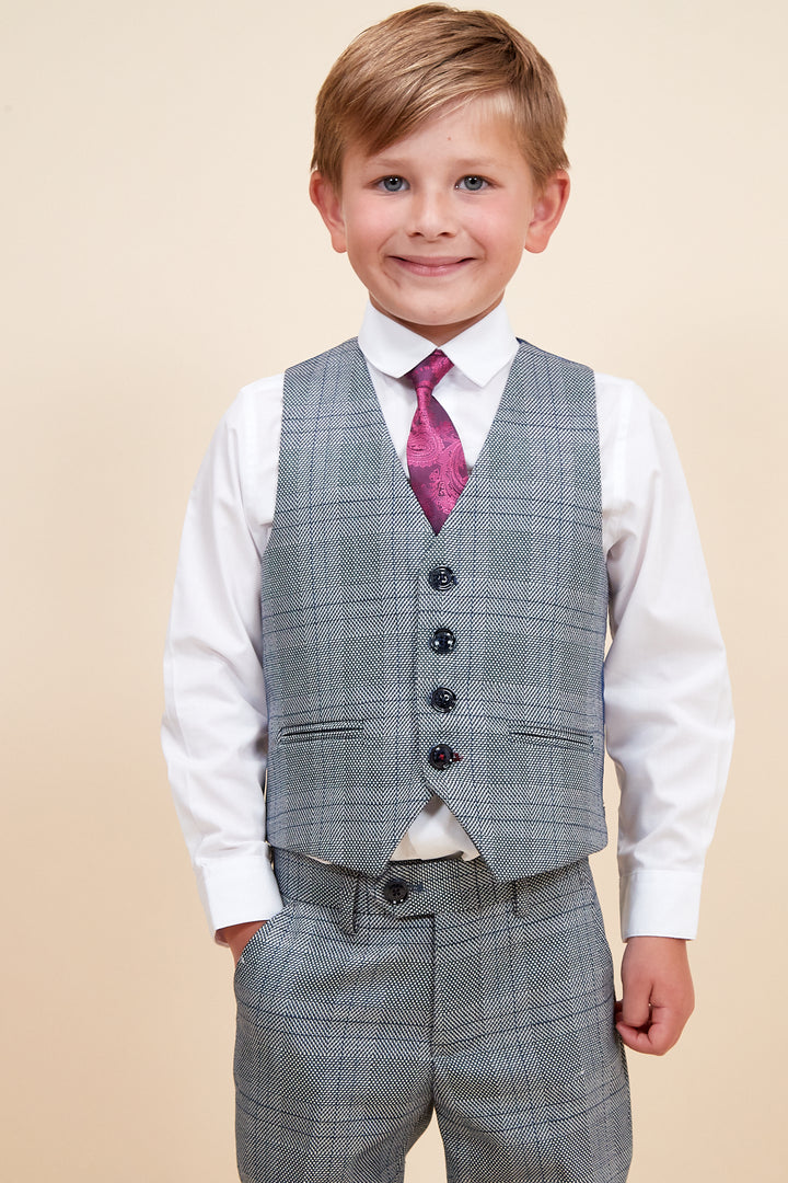 Marc Darcy Boyswear Jerry Boys Grey Check 3 Piece Suit Grey back view