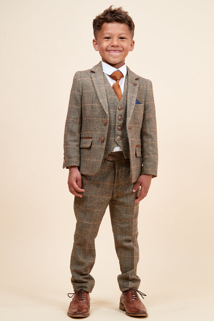 Marc Darcy Boyswear Ted Kids 3 Piece Check Tweed Suit TAN model front view