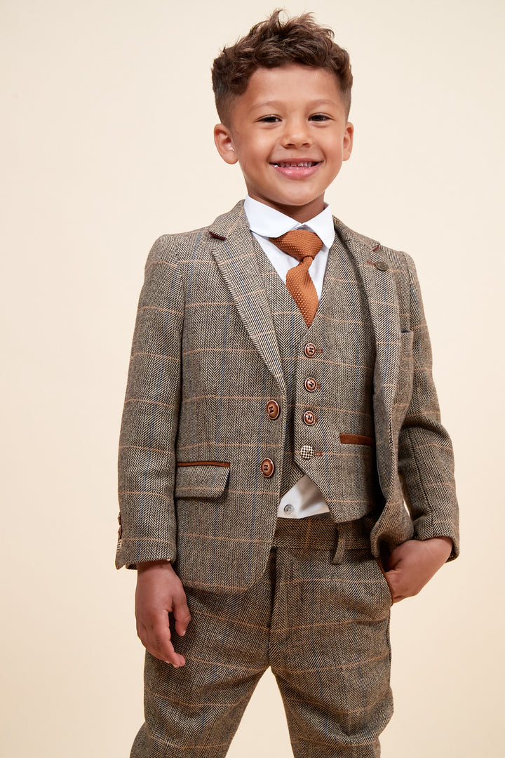 Marc Darcy Boyswear Ted Kids 3 Piece Check Tweed Suit TAN detail view