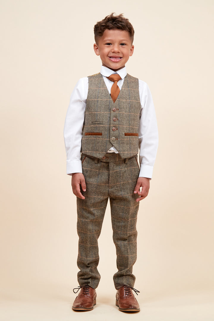 Marc Darcy Boyswear Ted Kids 3 Piece Check Tweed Suit TAN side view