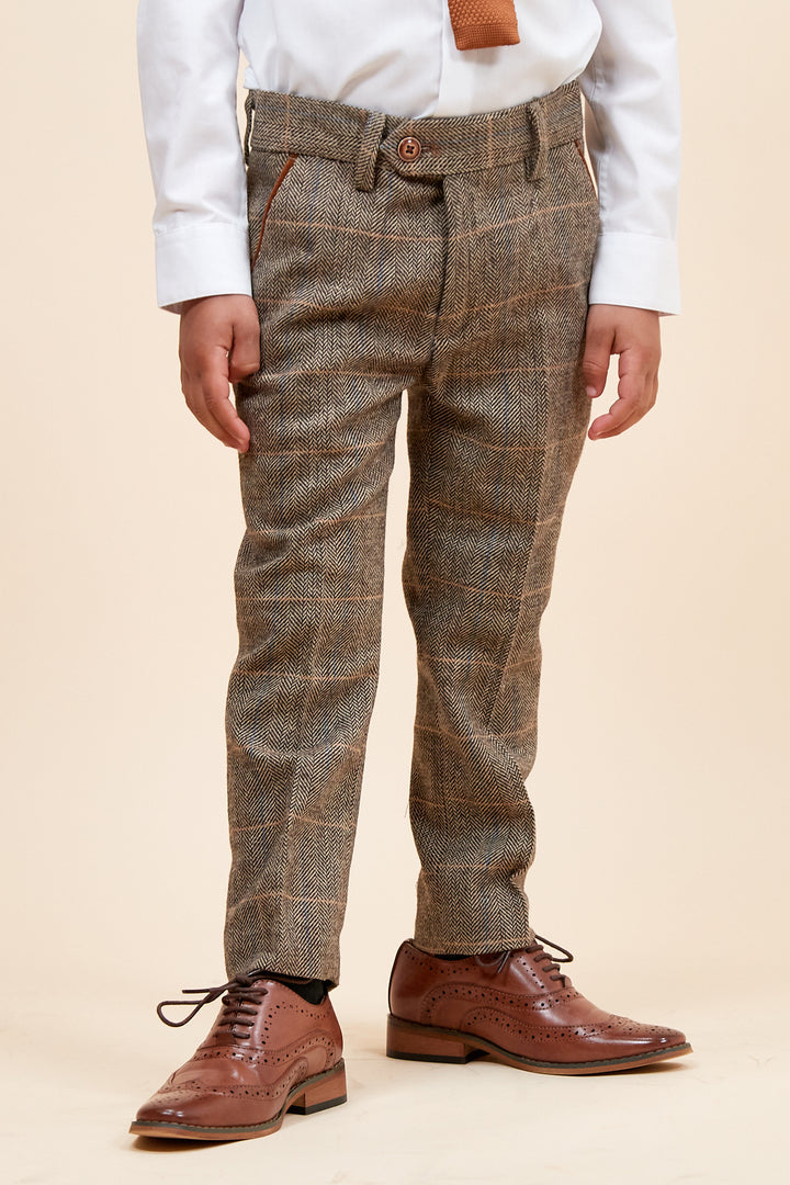 Marc Darcy Boyswear Ted Kids 3 Piece Check Tweed Suit TAN close up view