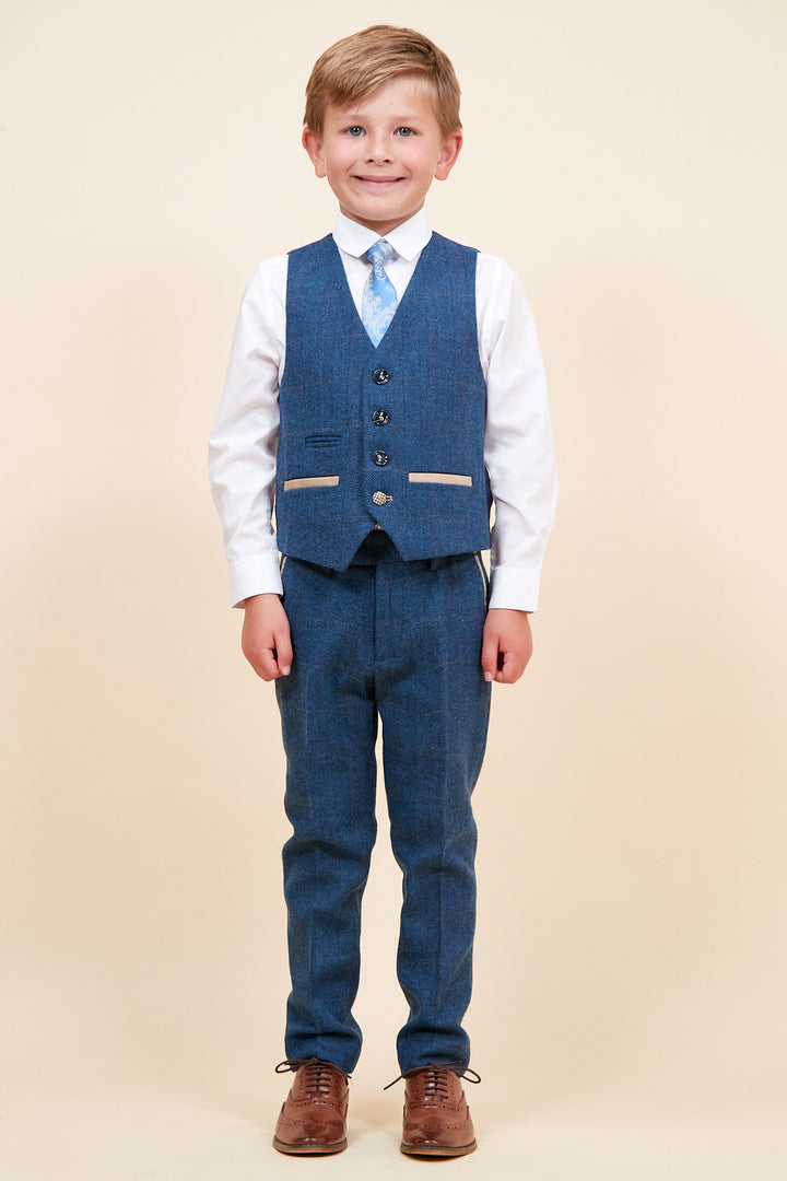 Marc Darcy Boyswear Dion Boy 3 Piece Blue Tweed Suit Blue back view