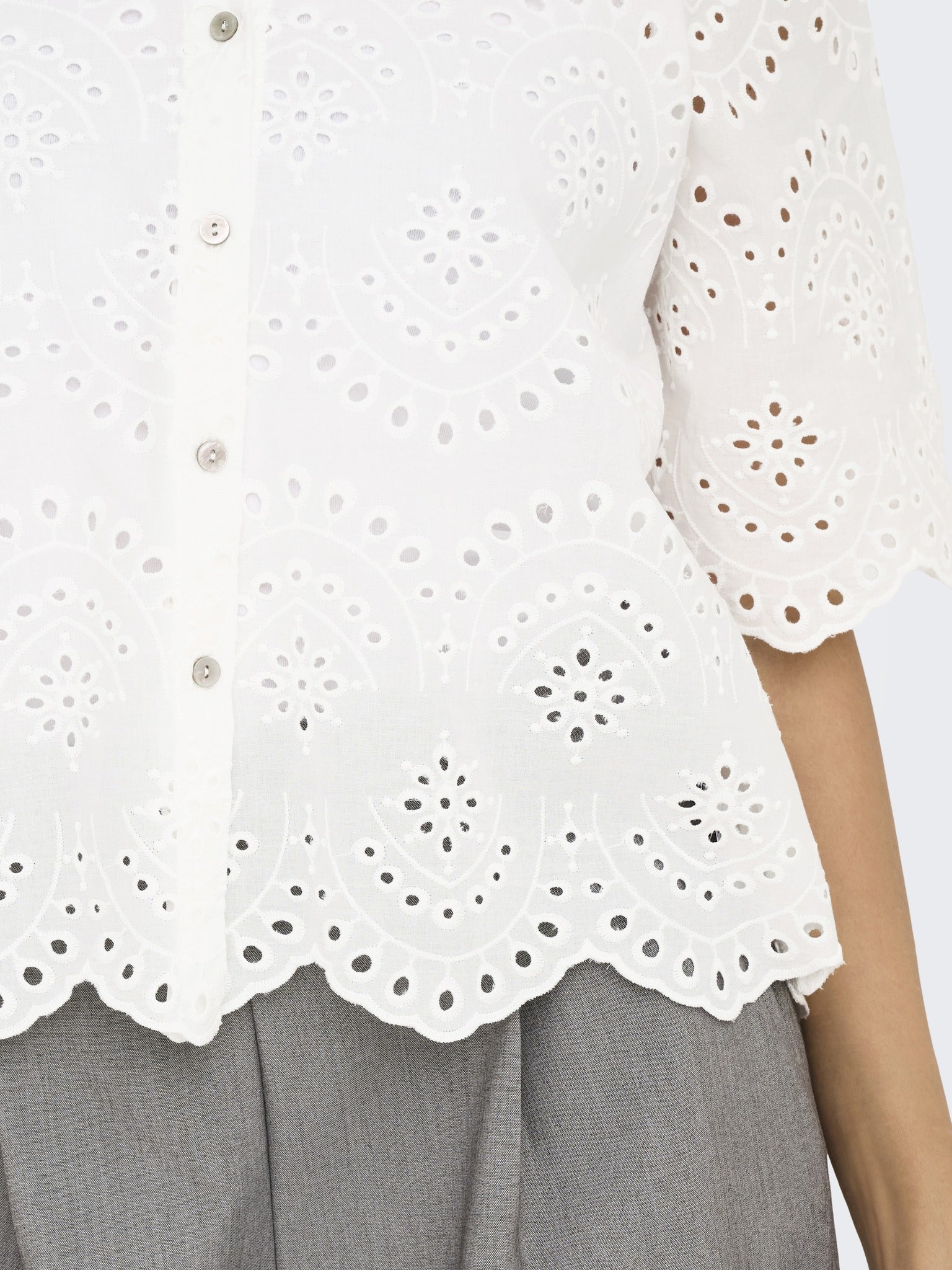 ONLY Valais Short Sleeve Shirt Wvn in Cloud Dancer broderie anglaise fabric detail