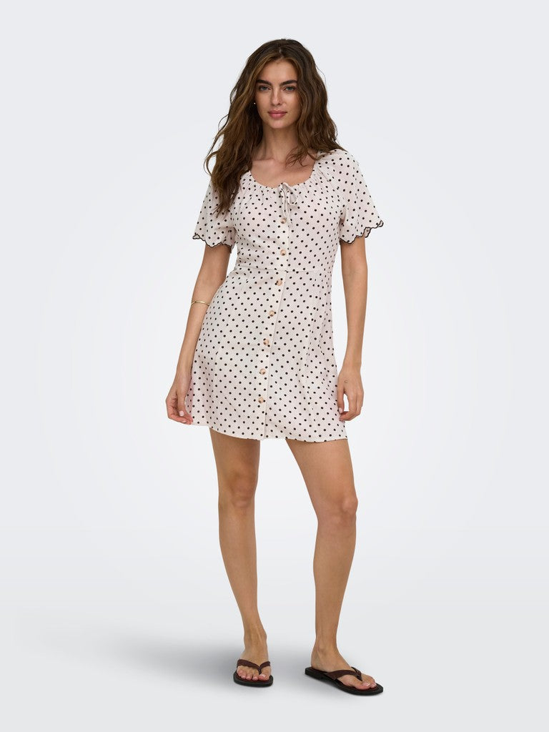 ONLY Emmia Short Sleeve Embroidered Short Dress Print in Pumice Stone DELICIOSO DOT angled model view