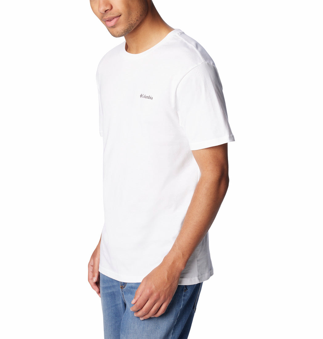 Person wearing a white t-shirt with a brand logo on a white background
