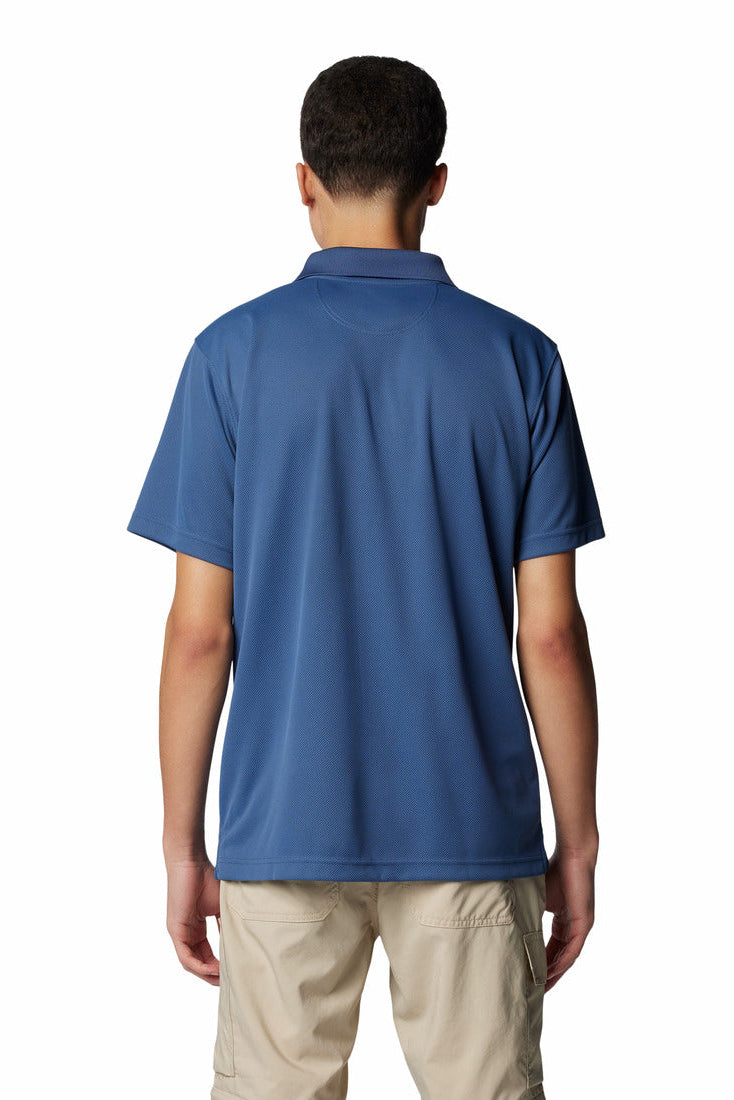 Person wearing a blue polo shirt on a white background