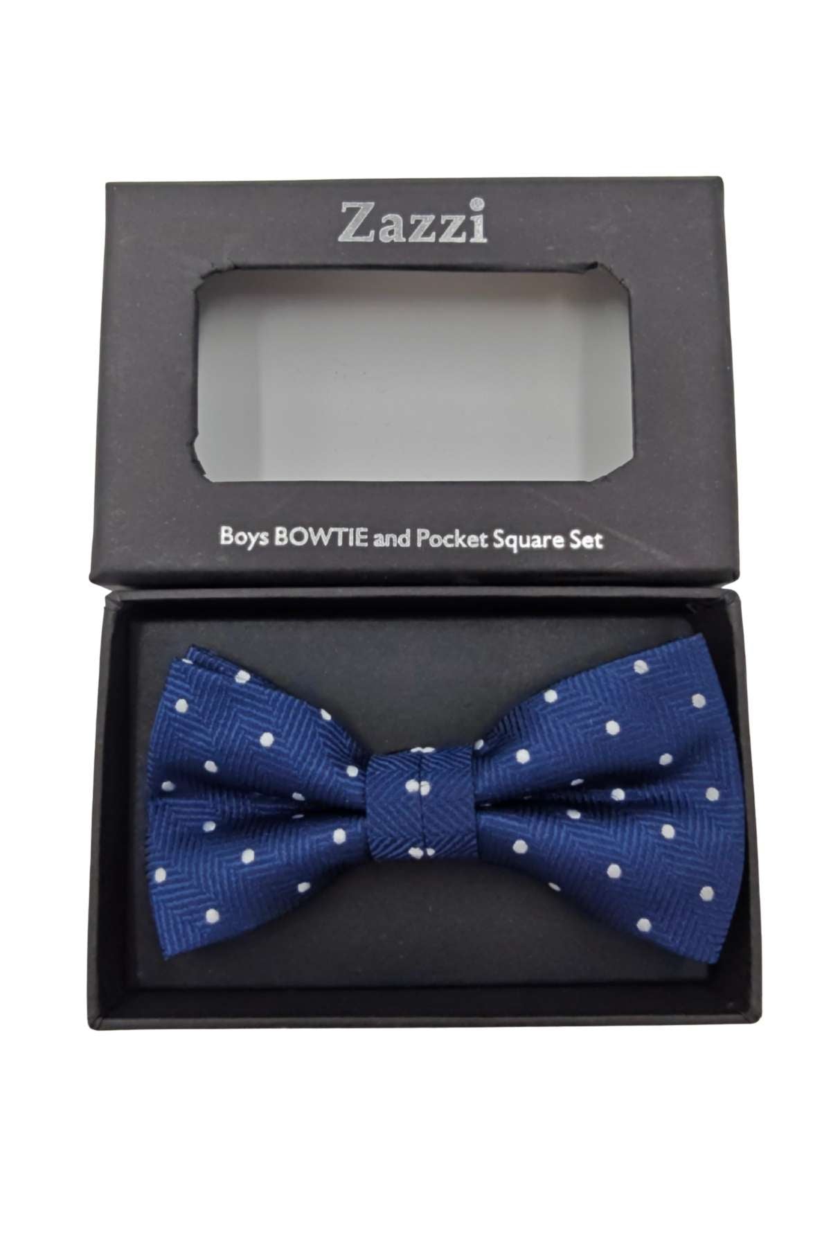 Zazzi Boys Navy Polka Dot Bow & Pocket Square Navy model front view