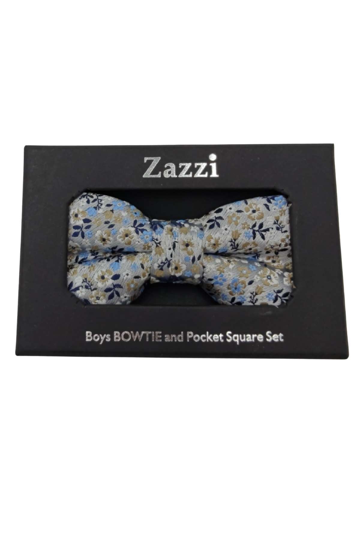 Zazzi Boys Beige / Blue Floral Bow & Pocket Square Beige/Blue front view