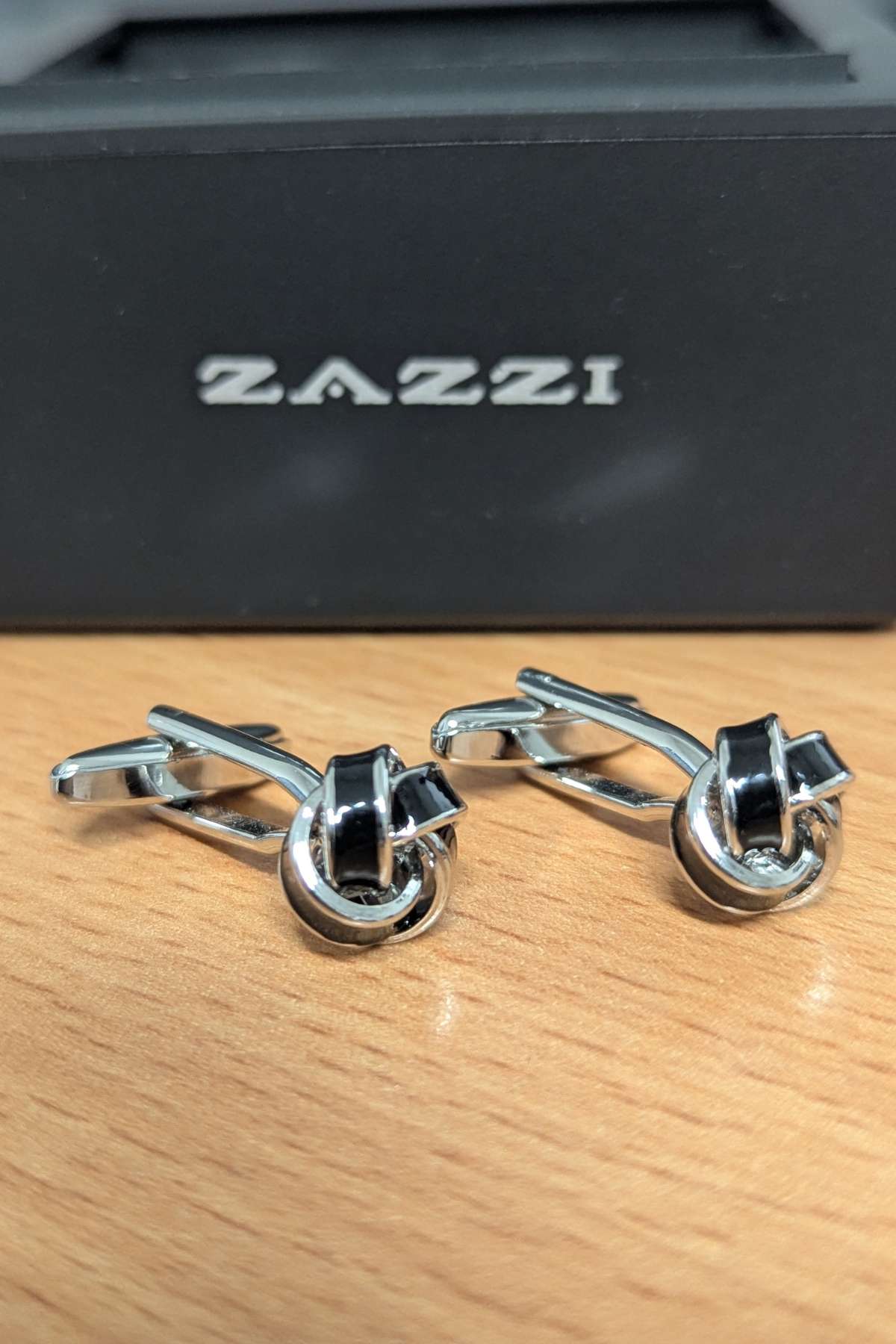 Men's Silver/Black Knot Cufflinks=Close Up View
