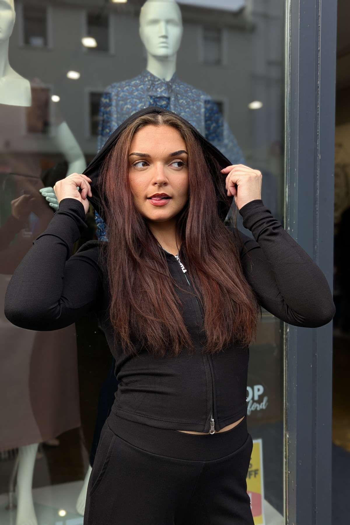 Laura in the Zip Up Black Hoodie-Close Up View