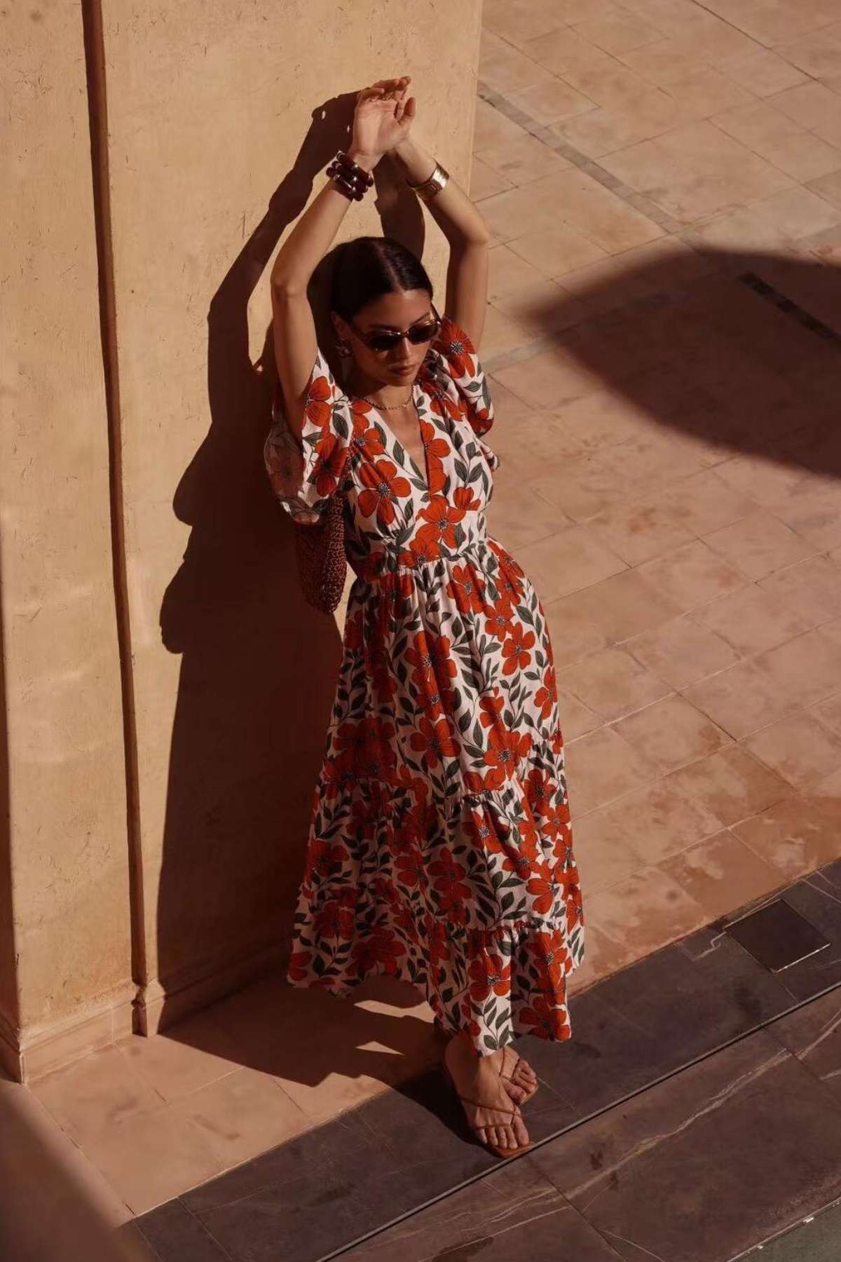 Paris Fashion Maxi Red Floral Print Dress RED front view