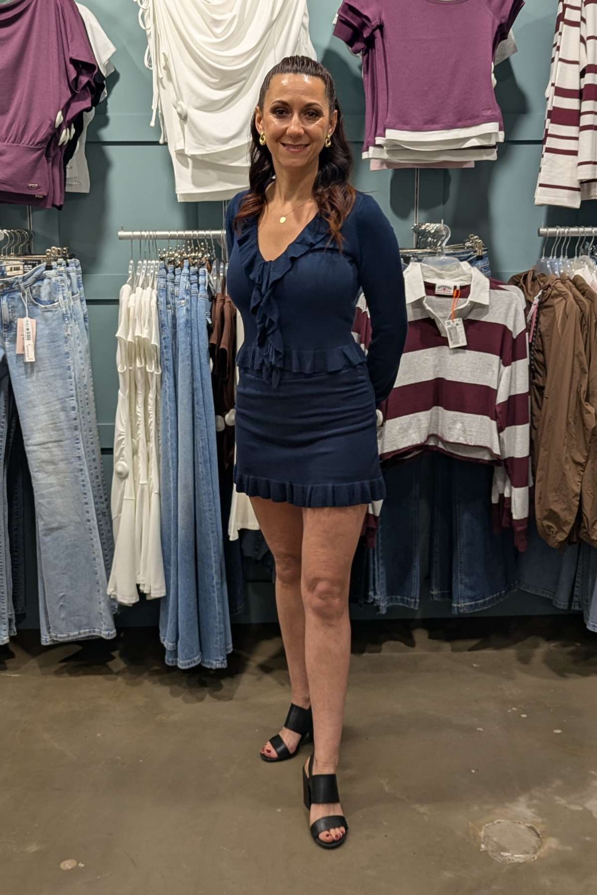 Olivia is in the Blue Mini Skirt With Ruffles with Matching Top
