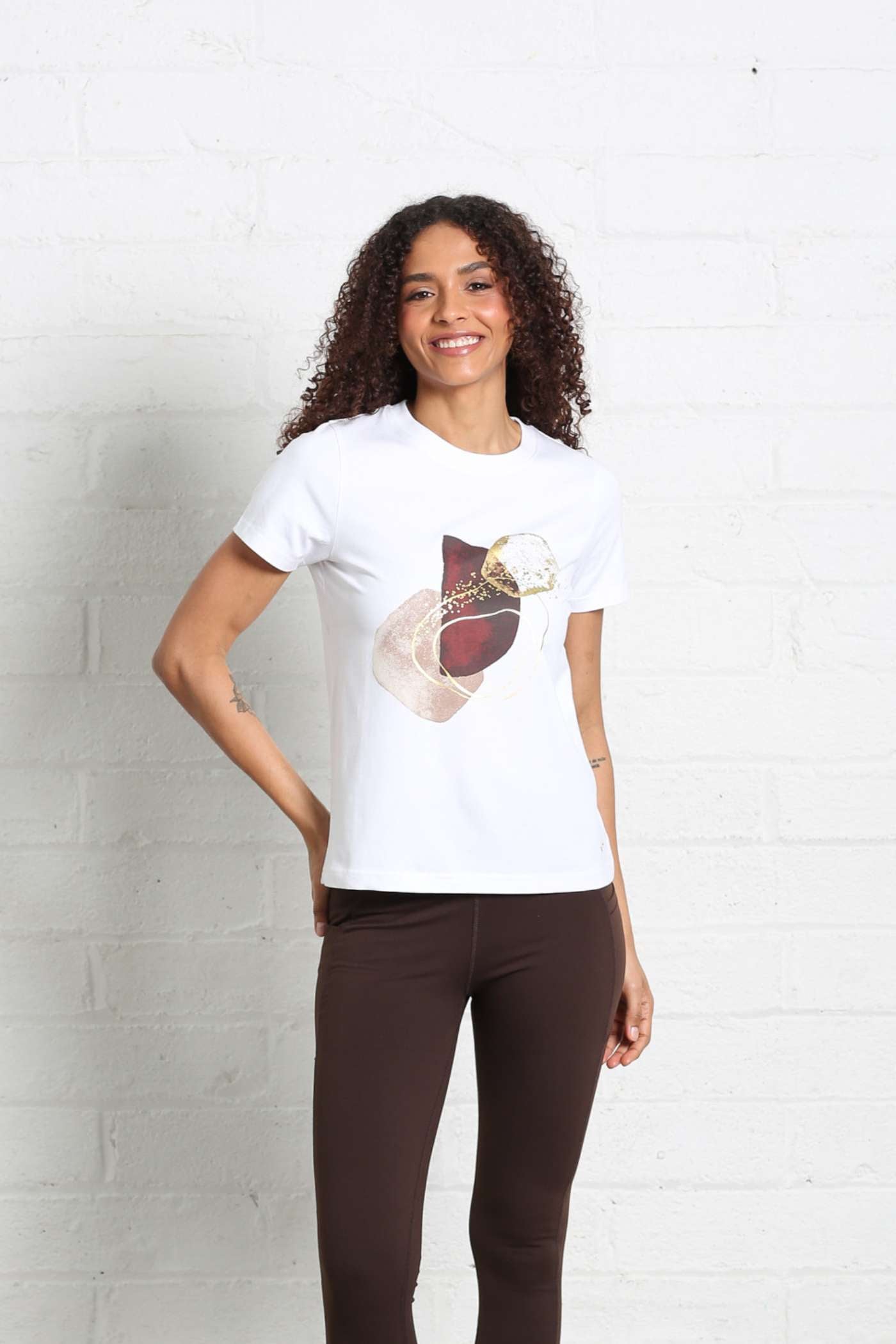 Ladies Relax & Renew Rosalie White Tee-Closer View of Tee