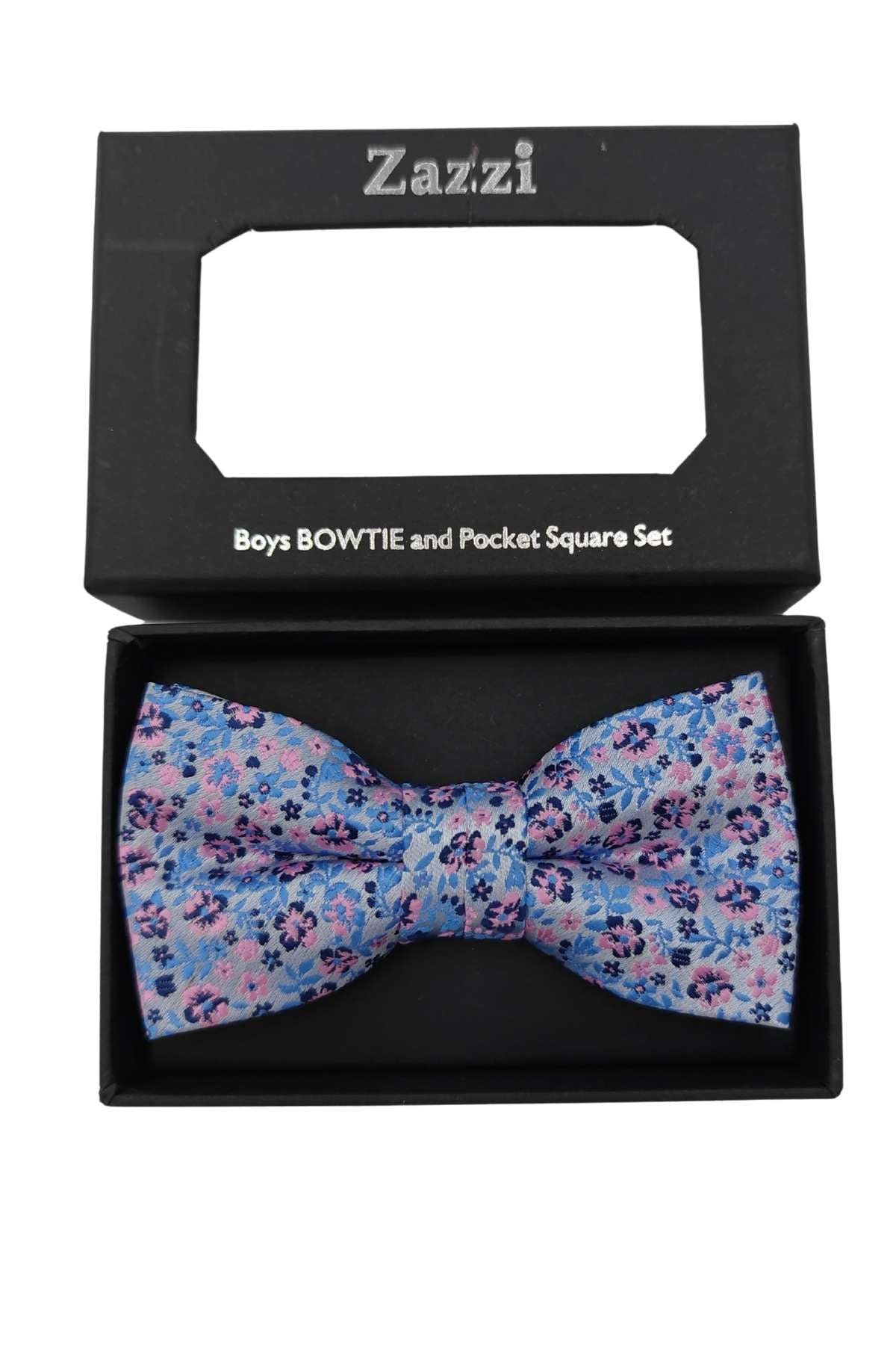 Zazzi Boys Blue / Pink Paisley Bow & Pocket Square Blue/Pink front view