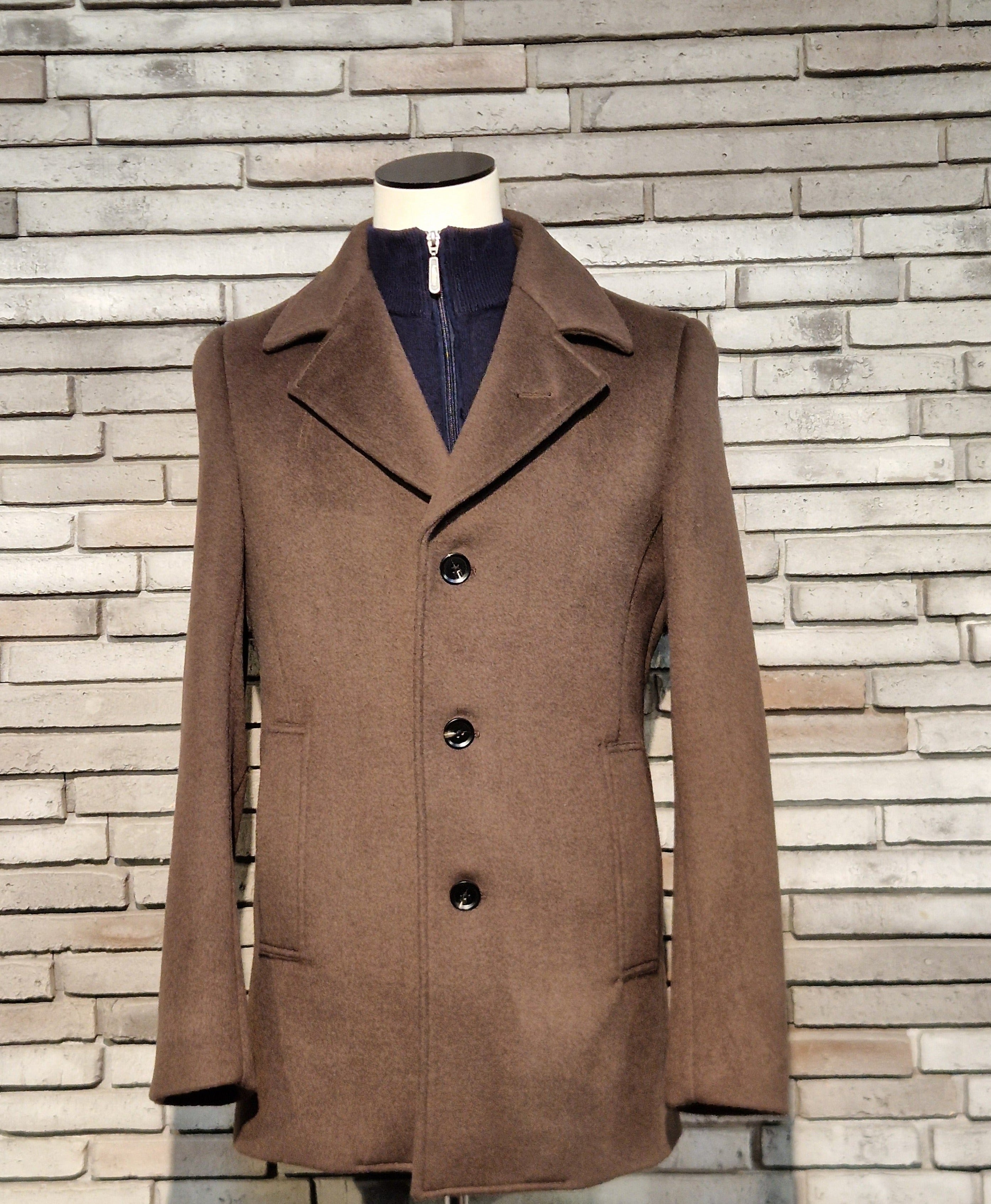 Men's Single Breasted Chocolate Wool Coat-Front View