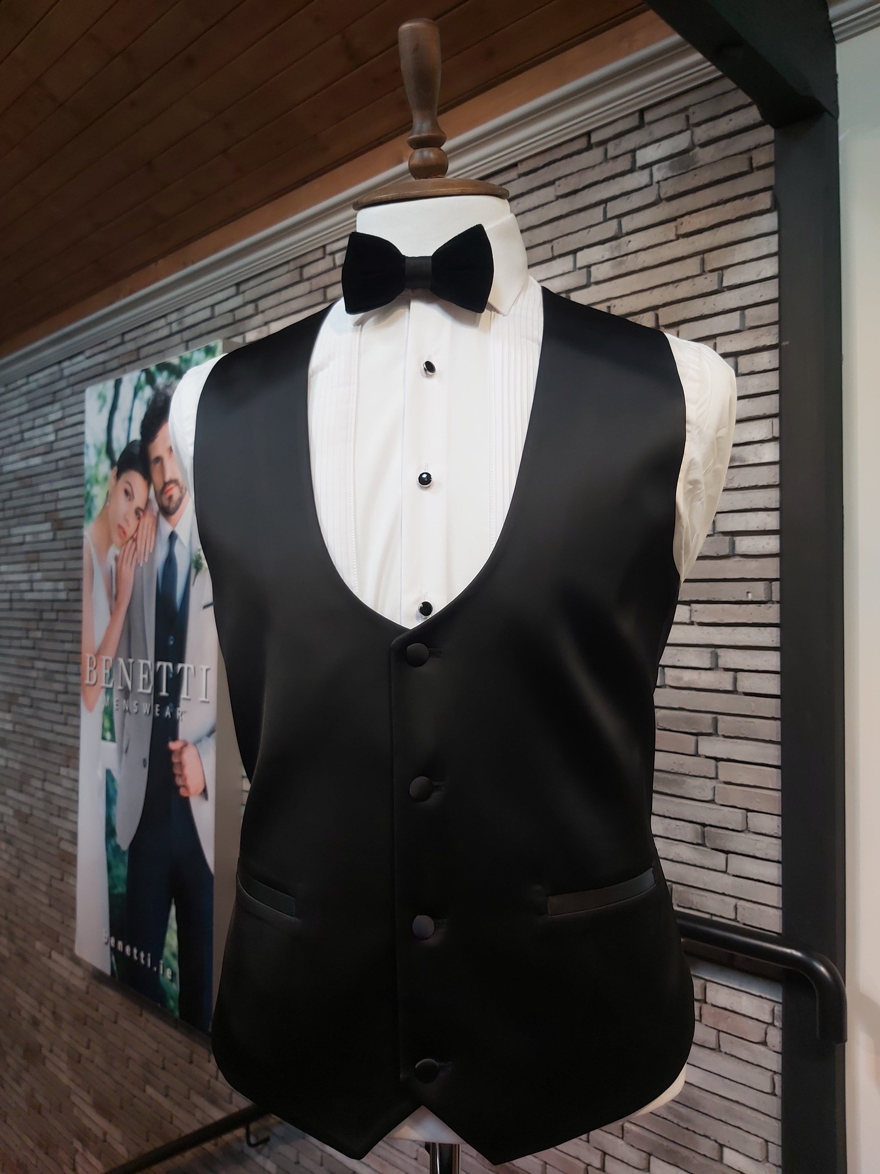 Front view of men's black satin waistcoat