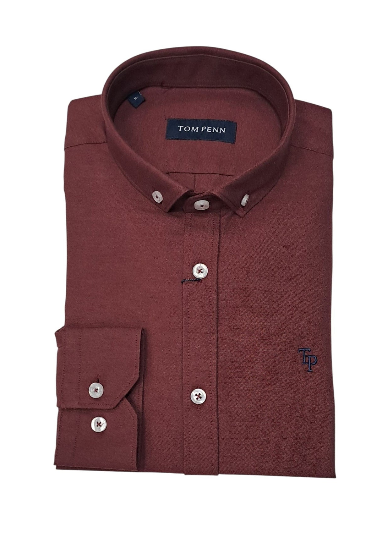 Folded front view of the Tom Penn Wine Oxford shirt showing the collar and chest logo