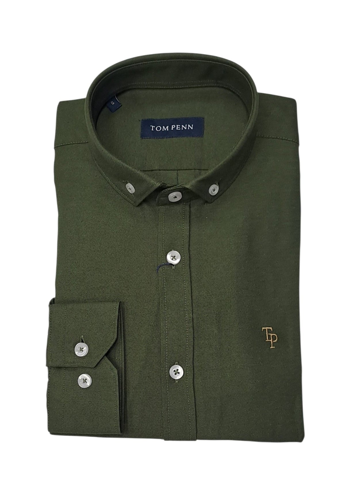 Folded front view of the Tom Penn Moss Oxford shirt showing the collar and chest logo