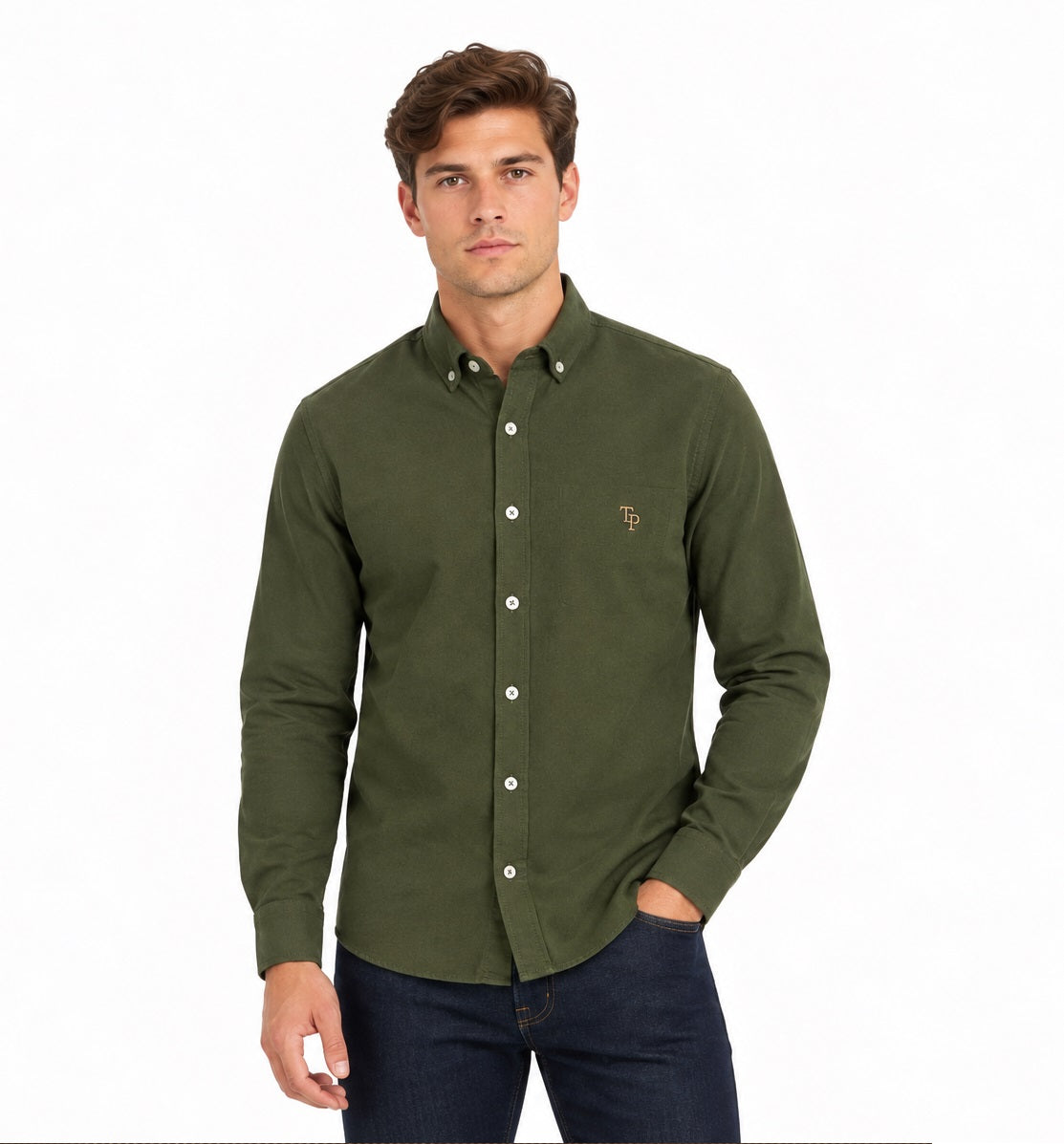 Tom Penn Moss Oxford long-sleeve shirt worn by a model, front view