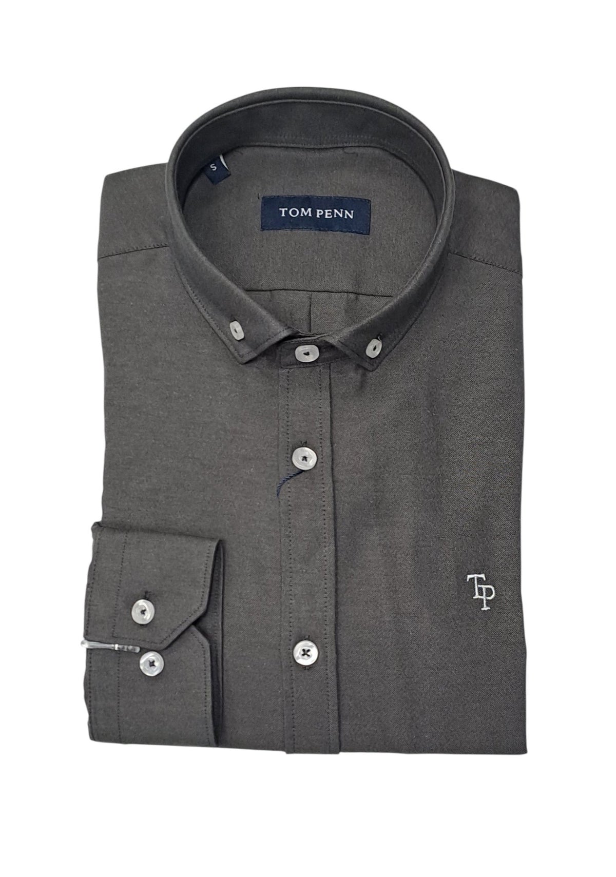 Folded front view of the Tom Penn Slate Oxford shirt showing the collar and chest logo