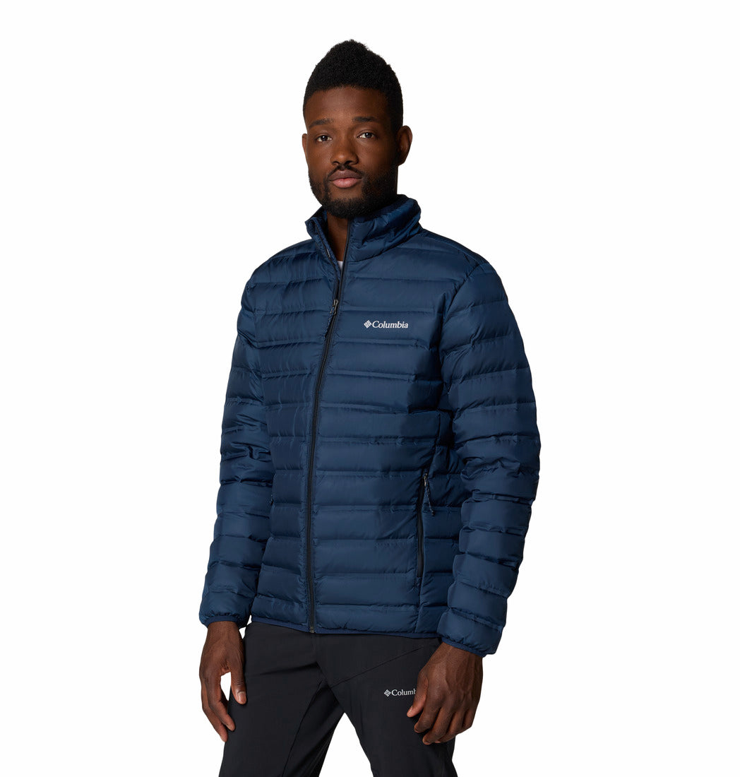 Columbia Mens Lake 22 II Down Jacket in Collegiate Navy, angled view worn by model