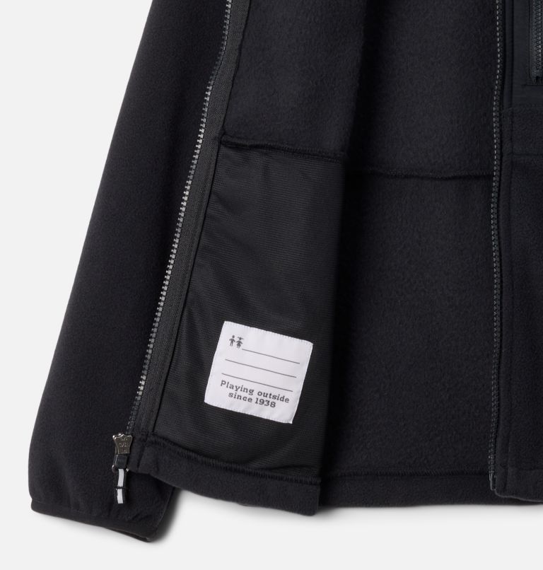 Black jacket with a visible brand label on a white background