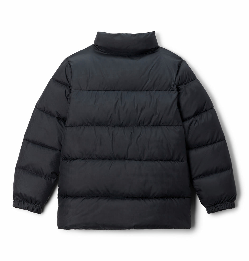 Black puffer jacket on a white background
