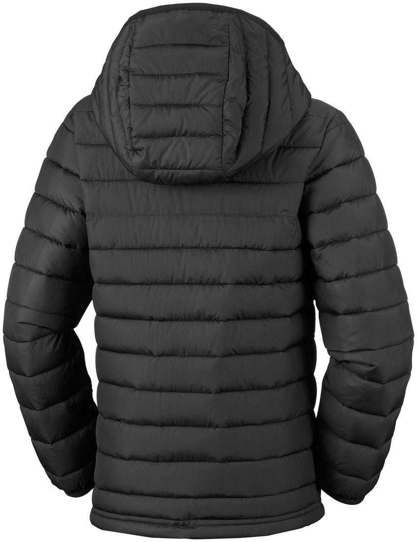 Black puffer jacket with a hood on a white background
