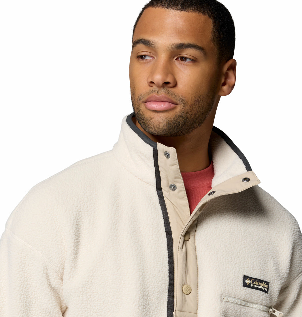 Columbia Mens Helvetia II Half Snap Fleece in chalk beige, collar and chest pocket detail