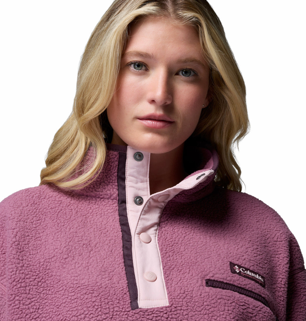 Columbia Womens Helvetia II Cropped Half Snap Fleece in Antique Mauve, detail of half - snap collar and chest pocket