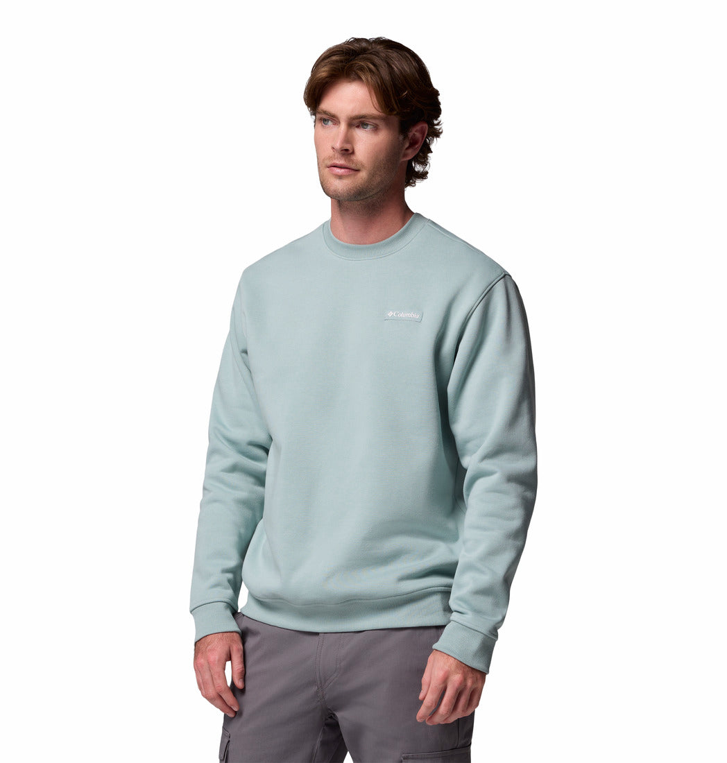 Man wearing a light green sweatshirt with a logo on a white background