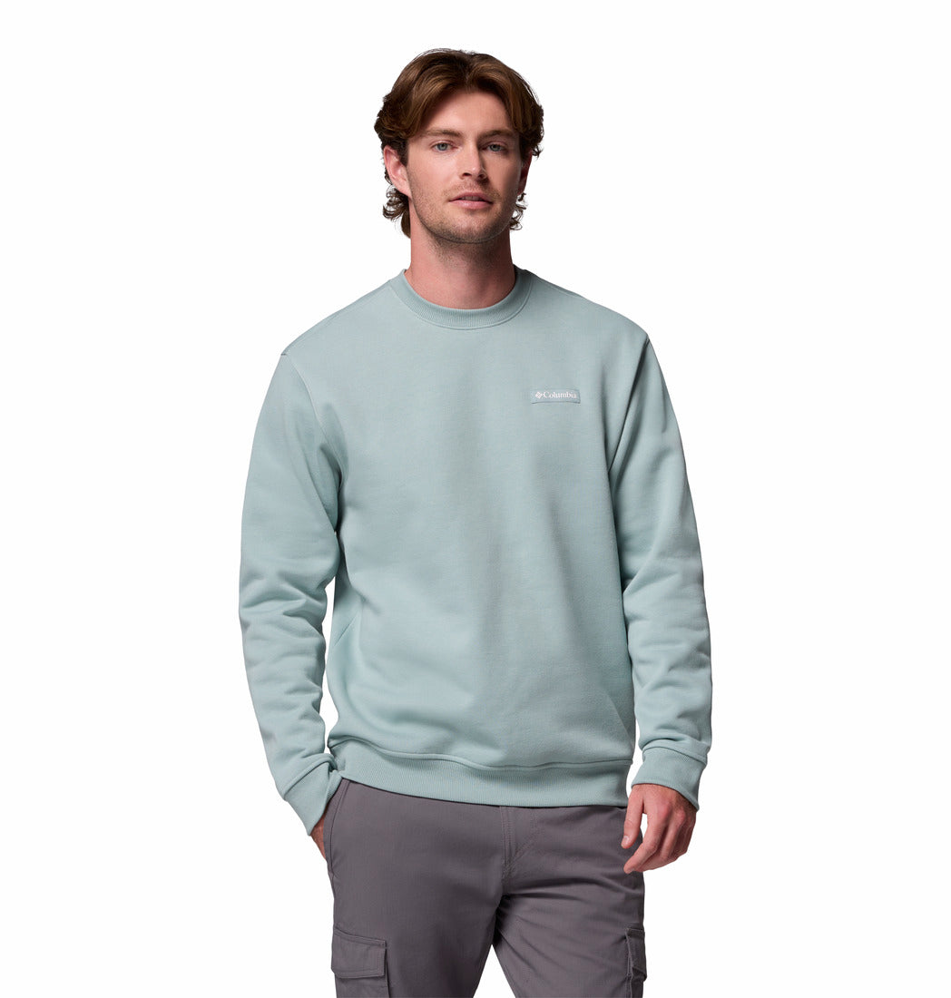 Man wearing a light green sweatshirt with a logo on a white background