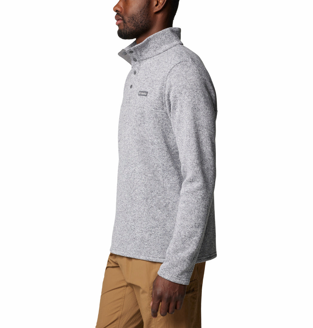 Man wearing a gray fleece pullover with a brand logo on a white background