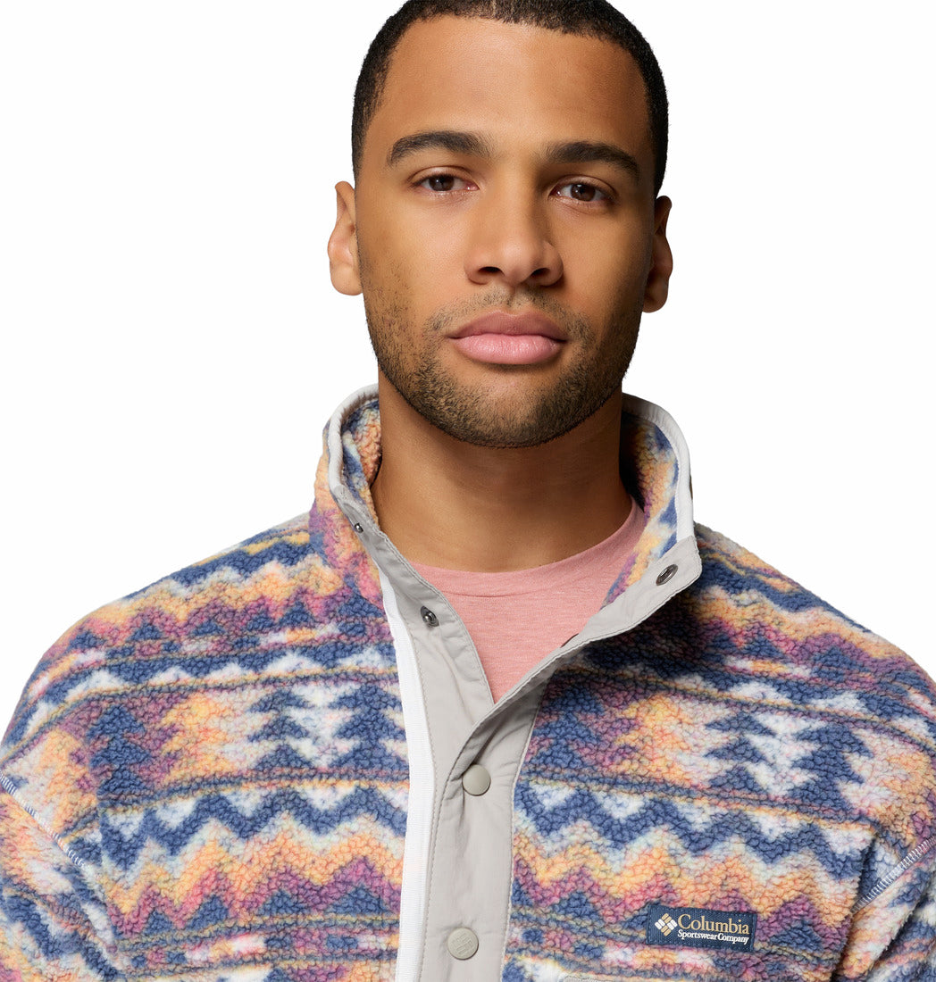 Columbia Mens Helvetia II Printed Half Snap Fleece in Sea Salt Retro, collar and logo detail view