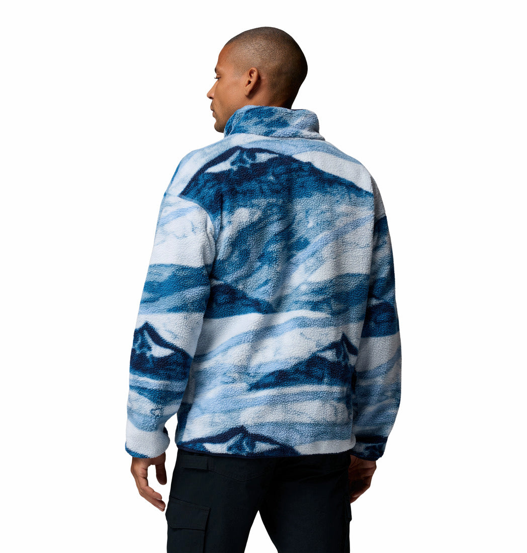 Columbia Mens Helvetia II Printed Half Snap Fleece in Rainy Day Summi, back view worn by model