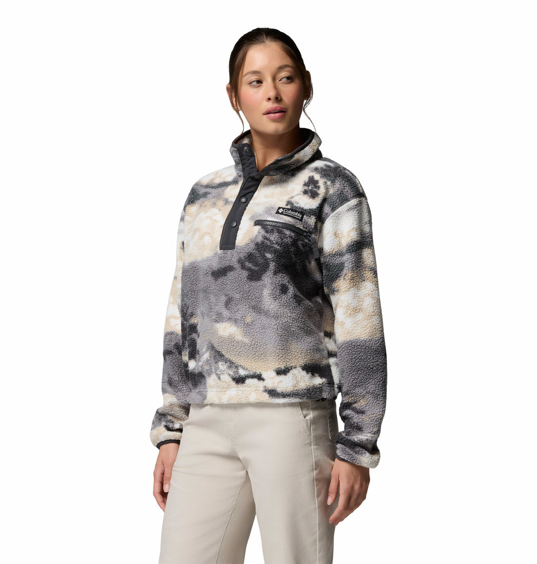 Columbia Womens Helvetia II Printed Cropped Half Snap fleece in Shark Dreaming, angled front model view.