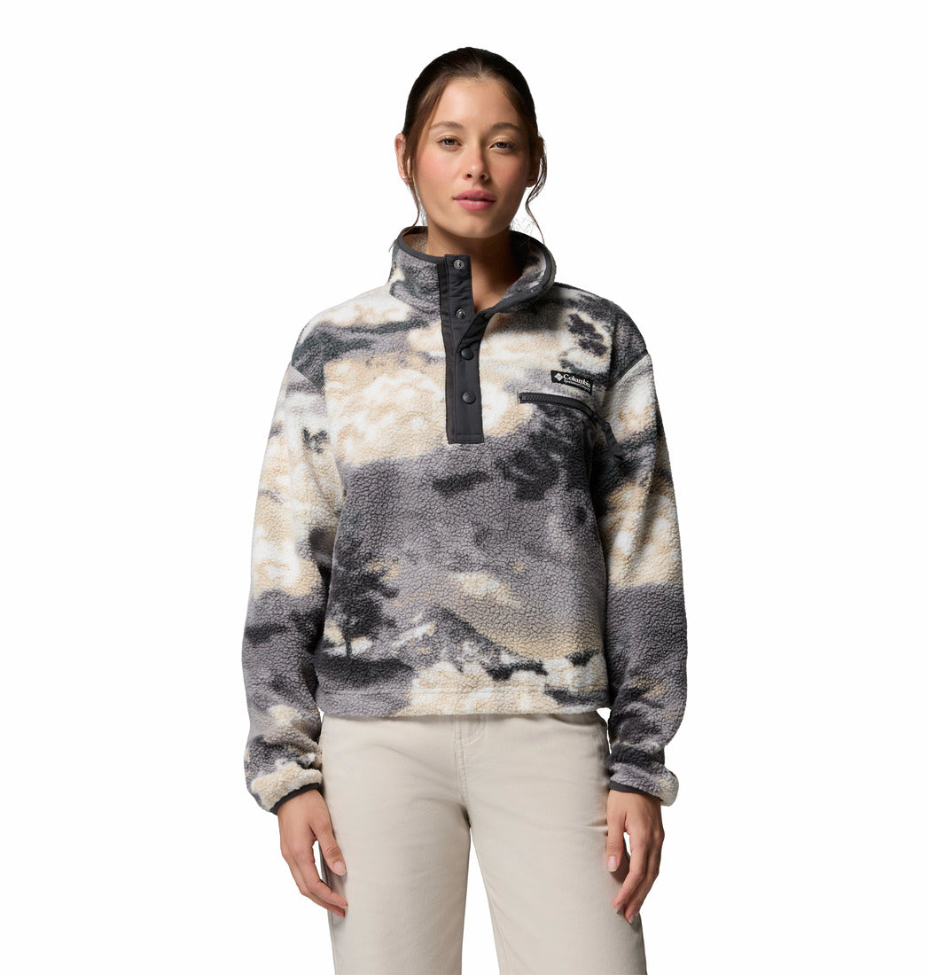 Columbia Womens Helvetia II Printed Cropped Half Snap fleece in Shark Dreaming, front model view.