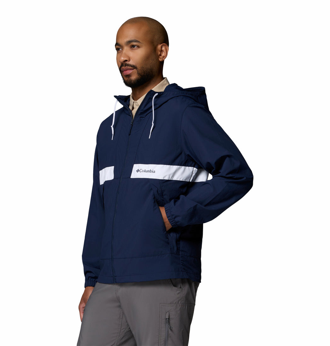 Columbia Mens Spire Valley hooded windbreaker in Collegiate Navy, angled model view